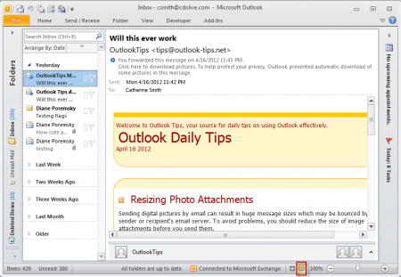 Expanded reading layout in Outlook 2010