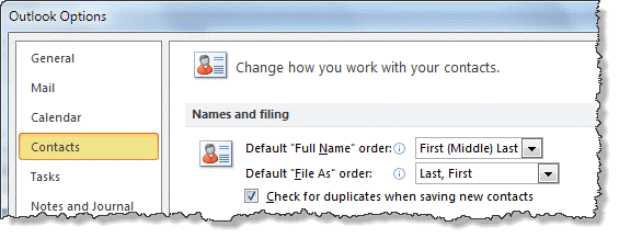 Change the default format in Contact Options