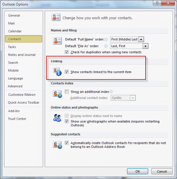 Enable contact linking in Outlook 2010