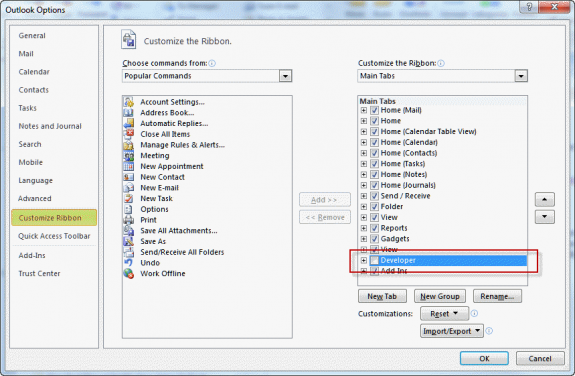 Enable Developer ribbon in Outlook 2010