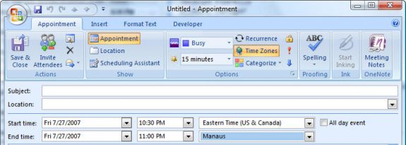 Outlook 2007 and up have a time zone selector button on appointments