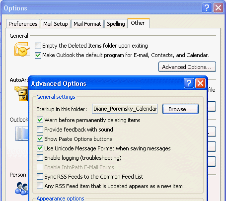 Set the start folder in the Advanced options dialog