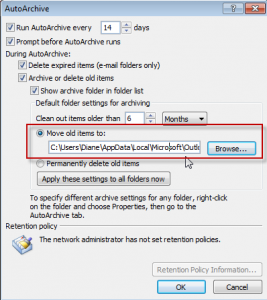 Find the file path in Autoarchive options