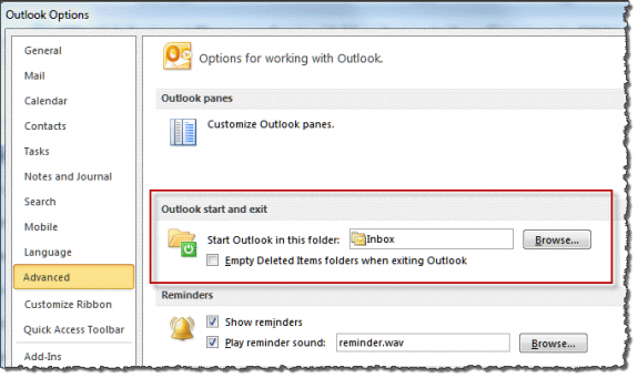 Set startup folder in Outlook 2010