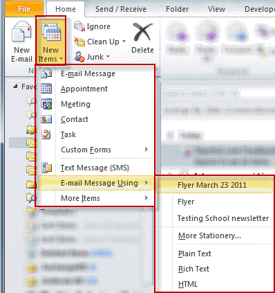 stacjonarne tło w Microsoft Outlook 2010