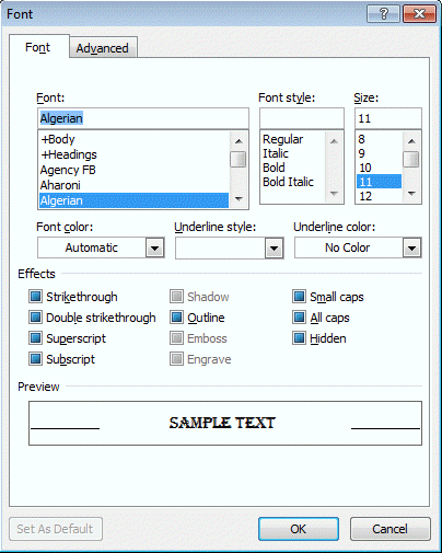 Select the default font for Outlook items