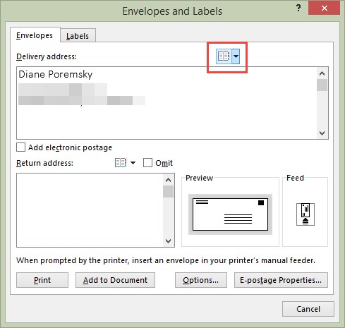 Create envelopes using the address book and Envelopes and Labels dialog
