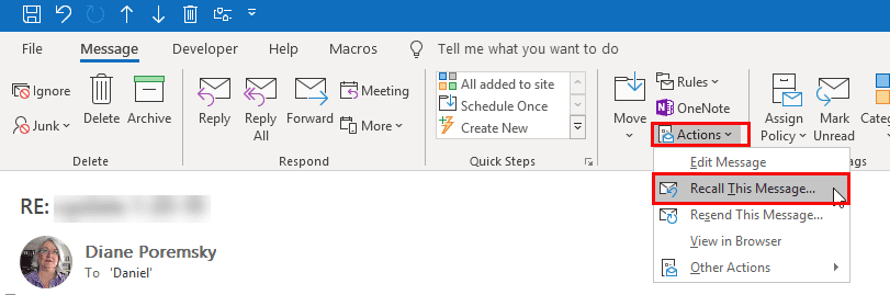how to recall an email in outlook web 365