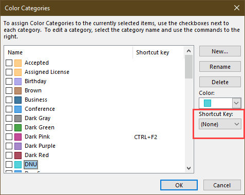 Add a shortcut in the color categories dialog
