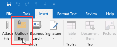 insert outlook item as attachment