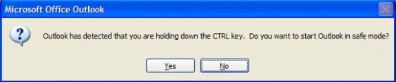 When you Ctrl click on the Outlook shortcut, you are asked if you want to start in Safe mode.