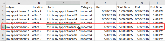 create an outlook appointment from one row in Excel