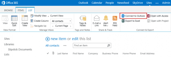 Connect Sharepoint contacts to outlook