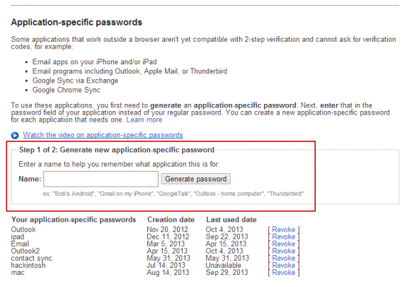 Create an application specific password to use in Outlook