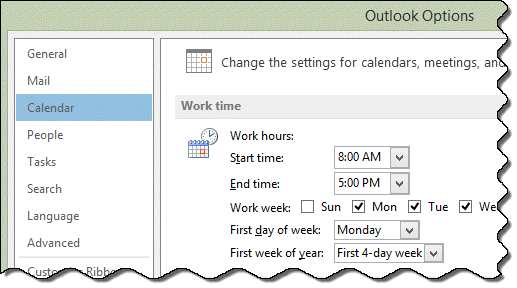 Set working hours in Outlook's Calendar Options