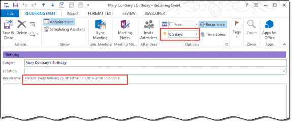 Create a birthday event for contacts in shared folders