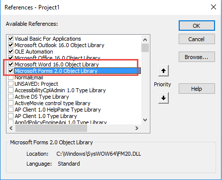 Set a reference to word and msforms