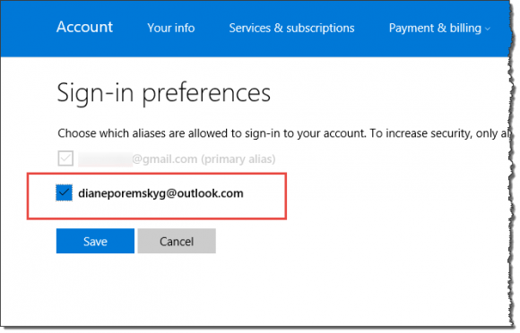 Sign in preferences in Outlook.com