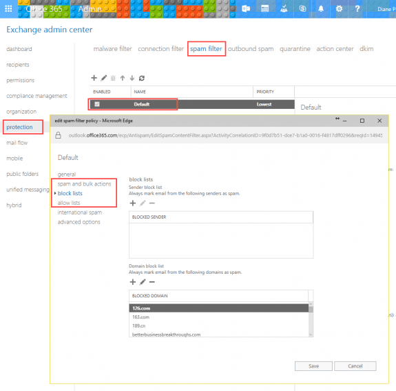 Add blocked addresses in the Exchange admin center