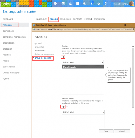 Send As or Send On Behalf in Office Groups