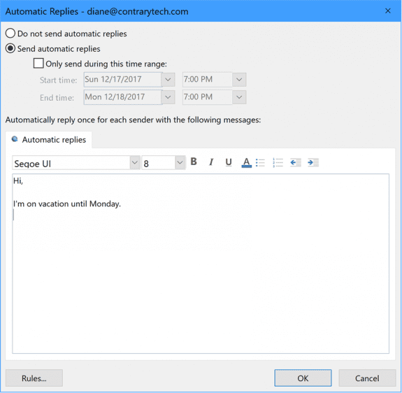 automatic reply option in outlook