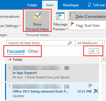 focused inbox enabled in Outlook 2016 for Windows