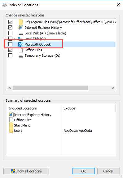 disable Instant Search in Outlook 