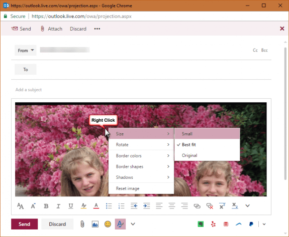 resize pictures in outlook on the web
