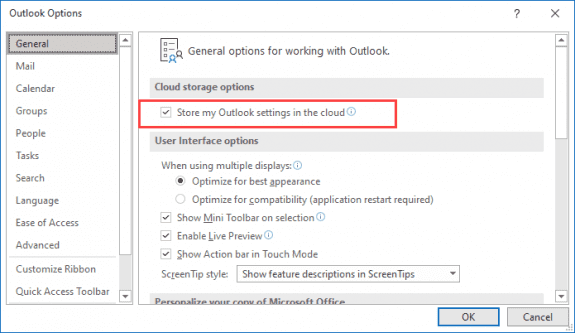 Save outlook settings to cloud