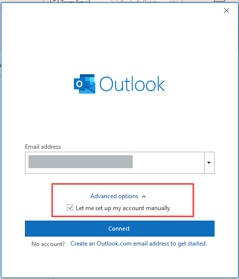 manually add account to outlook 