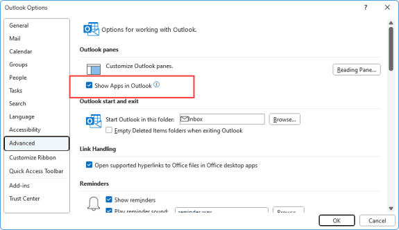 Show apps option in Outlook