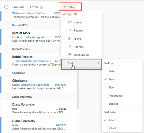 change sort order in Outlook on the web