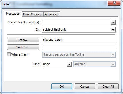 Create a conditional rule for all messages from a domain