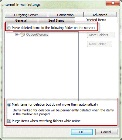 Configure IMAP deleted items in Outlook 2010