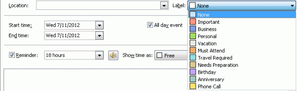 Calendar labels in Outlook 2003