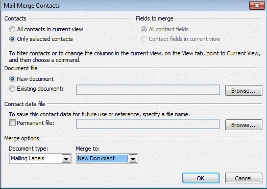 Select your options from the Mail Merge Contacts dialog