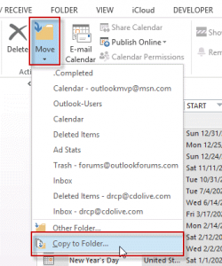 Use the Copy to folder command to copy appointments to the outlook.com calendar