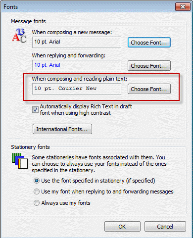 Set the plain text font in Outlook 2003