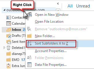 Sort Folders A-Z in Outlook 2013