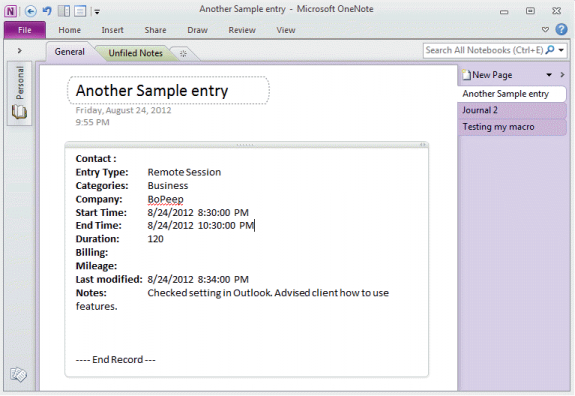 Sample printout of journal entry in OneNote