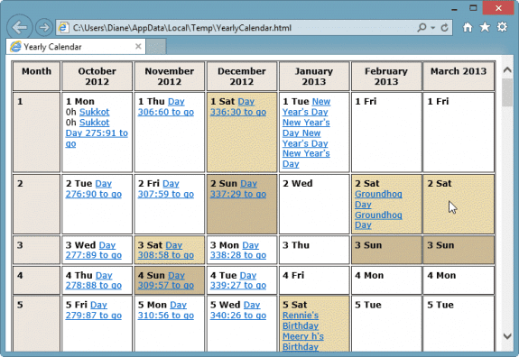 Create calendar arranged by date