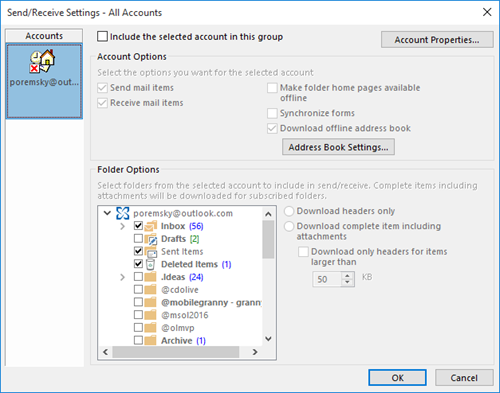 New Outlook.com Send and Receive settings