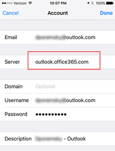 Outlook.com settings on iphone