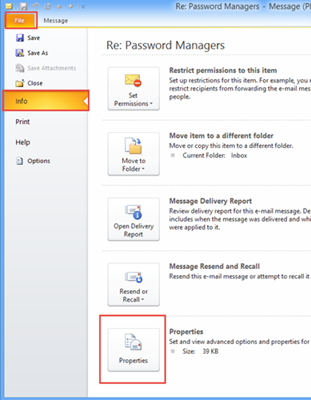 Properties button in Outlook 2010